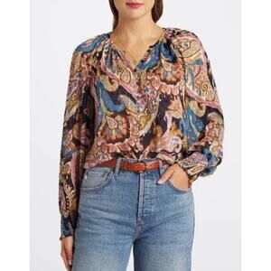 SANCTUARY Top Size L NEW Relaxed Button Blouse Metallic Gold Threading Buttons